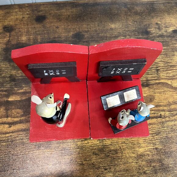 Wooden School Teacher Mice Bookends Vintage V.G. Japan Math Students Kitschy - Picture 10 of 16